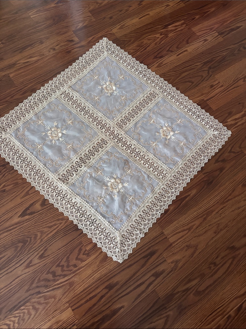 Embroidered Lace Square Table Topper in Cream